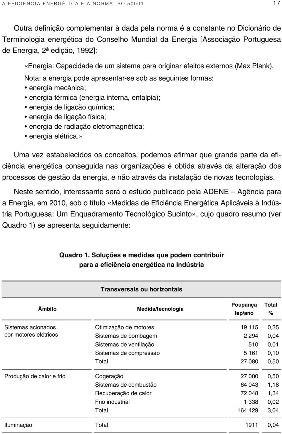 Nota: a energia pode apresentar-se sob as seguintes formas: energia mecânica; energia térmica (energia interna, entalpia); energia de ligação química; energia de ligação física; energia de radiação