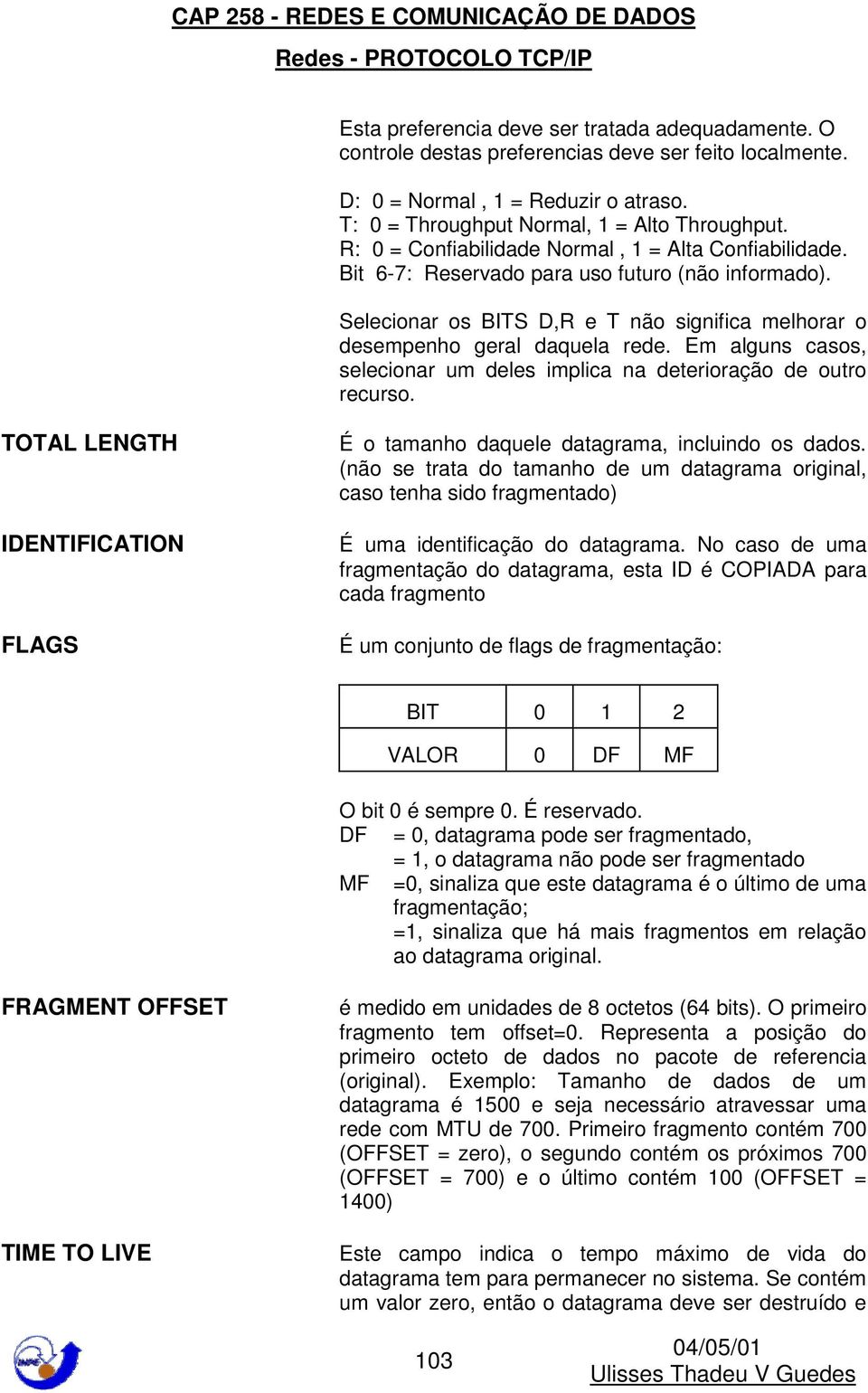 Em alguns casos, selecionar um deles implica na deterioração de outro recurso. TOTAL LENGTH IDENTIFICATION FLAGS É o tamanho daquele datagrama, incluindo os dados.