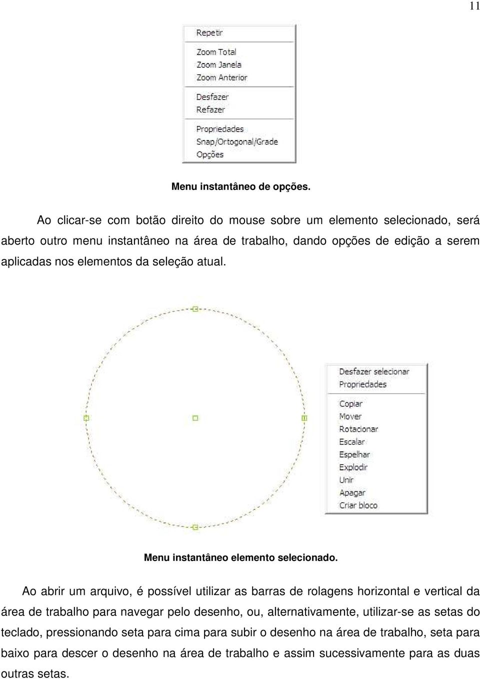 aplicadas nos elementos da seleção atual. Menu instantâneo elemento selecionado.