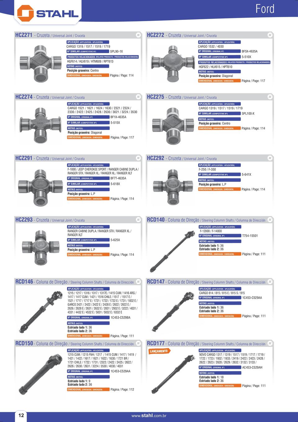 2630 / 3021 / 3224 / 3530 BF1X4635A 5515X DIMENSIONAL (DIMENSION / DIMENSIÓN) Página / Page: 117 HCZ275 Cruzeta / Universal Joint / Cruceta CARGO 1319 / 1517 / 1519 / 1719 SPL100X HCZ291 Cruzeta /