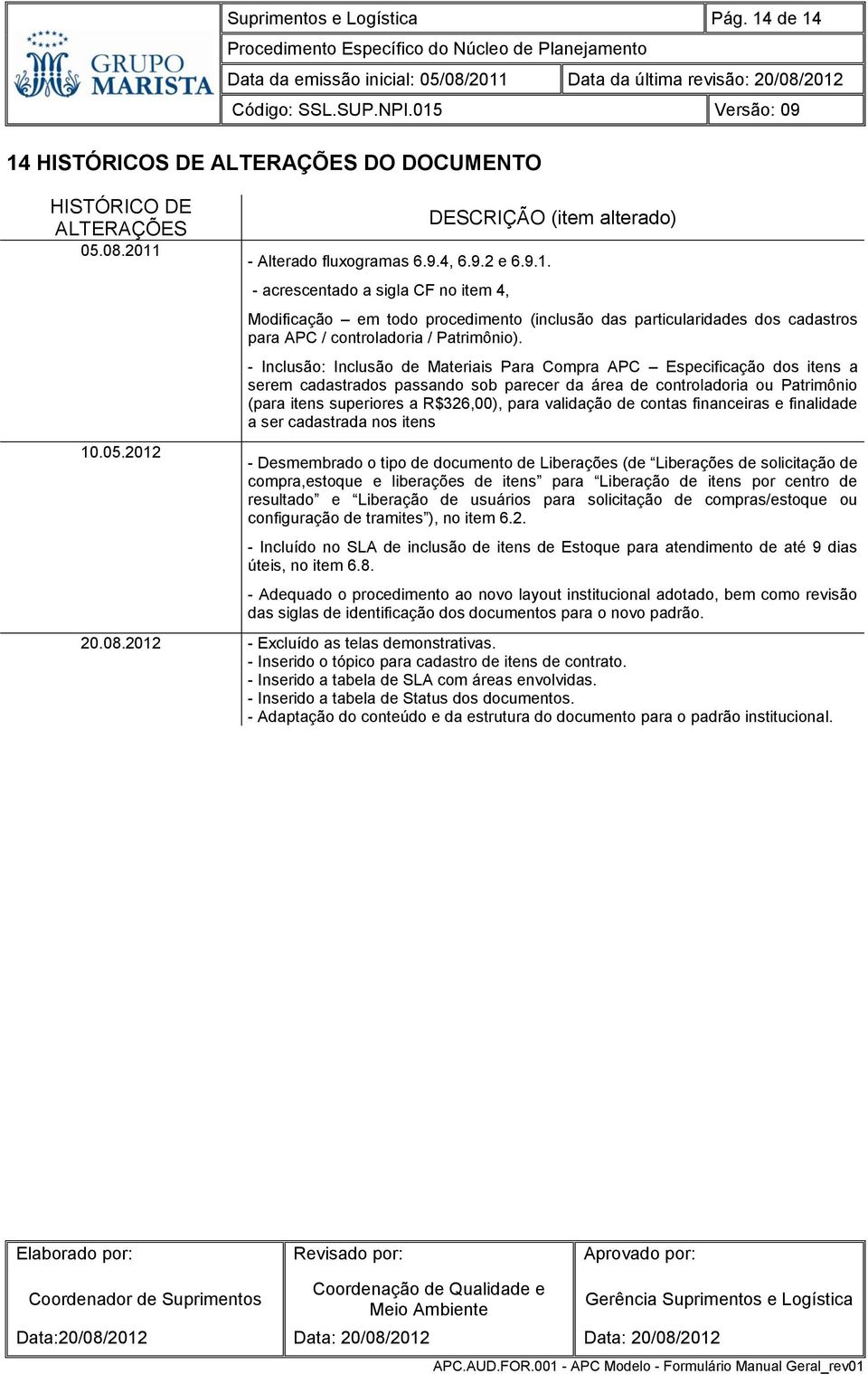 - Inclusão: Materiais Para Compra APC Especificação dos itens a serem cadastrados passando sob parecer da área de controladoria ou Patrimônio (para itens superiores a R$326,00), para validação de