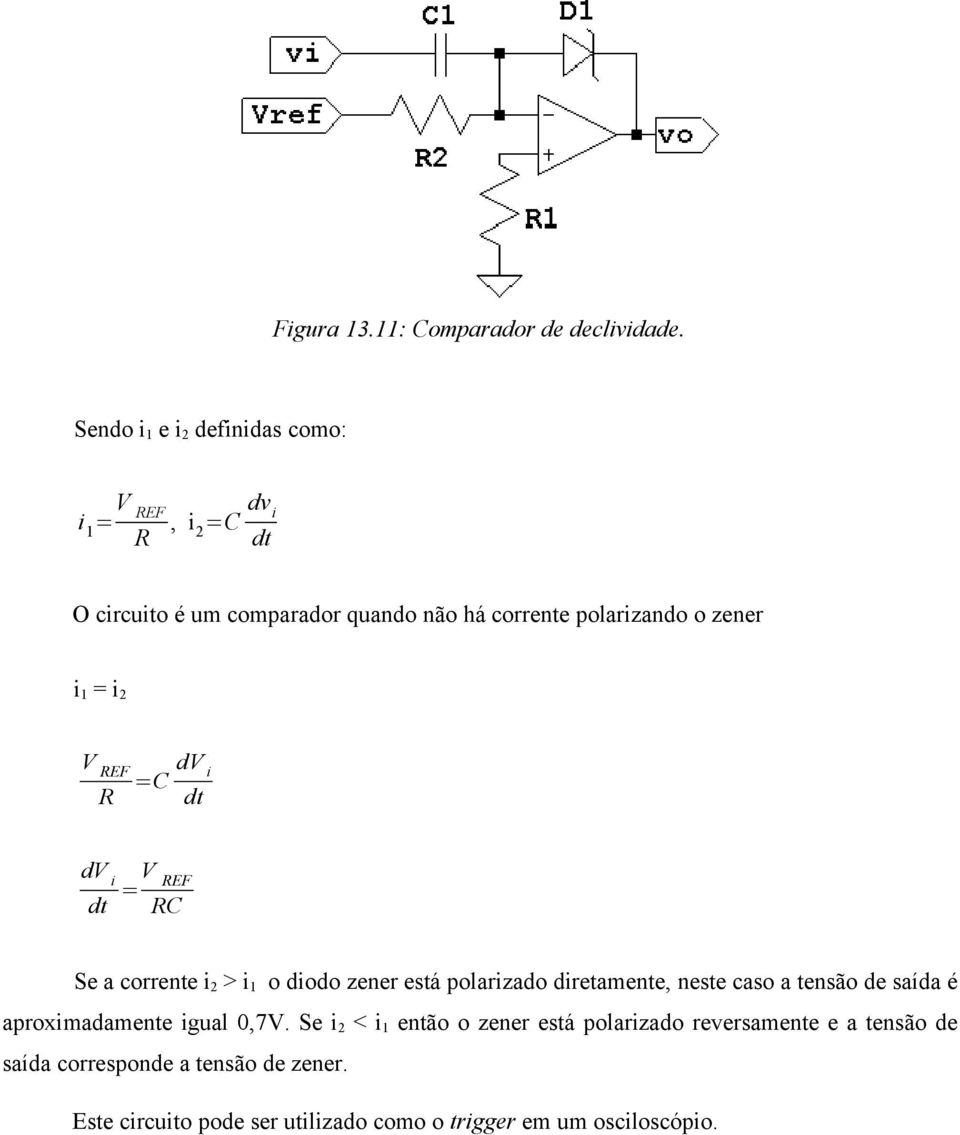 zener i 1 = i 2 V REF R =C dv i dt dv i dt =V REF RC Se a corrente i 2 > i 1 o diodo zener está polarizado diretamente, neste