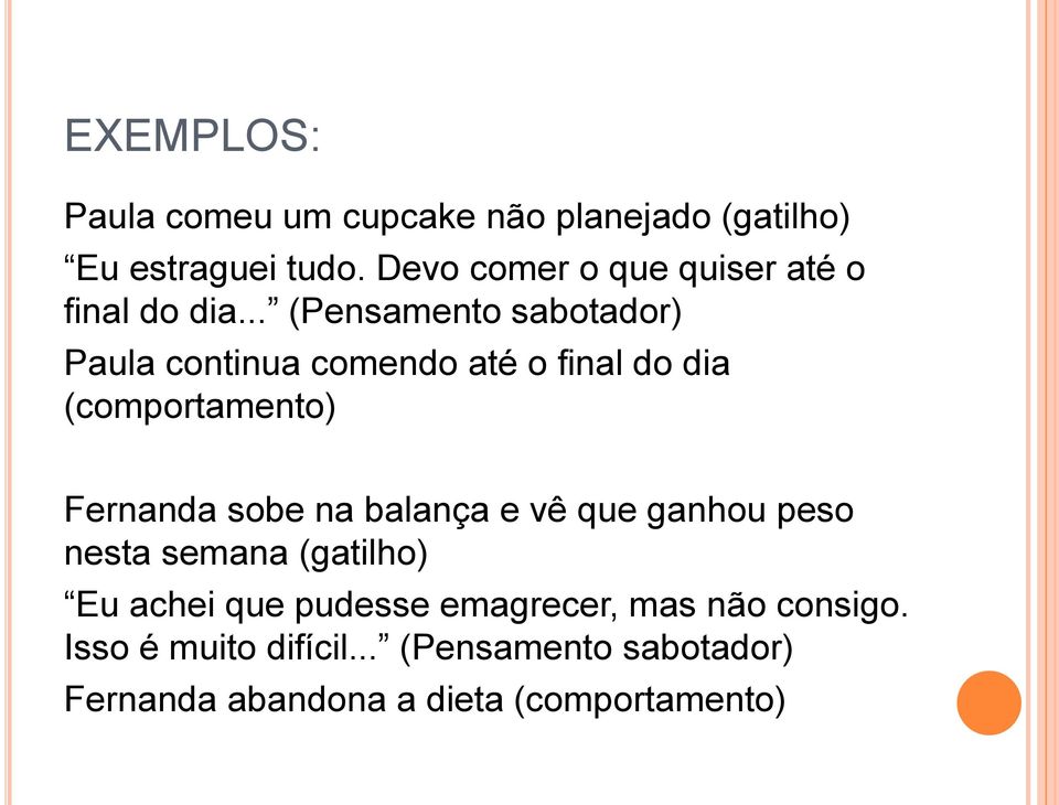 .. (Pensamento sabotador) Paula continua comendo até o final do dia (comportamento) Fernanda sobe na