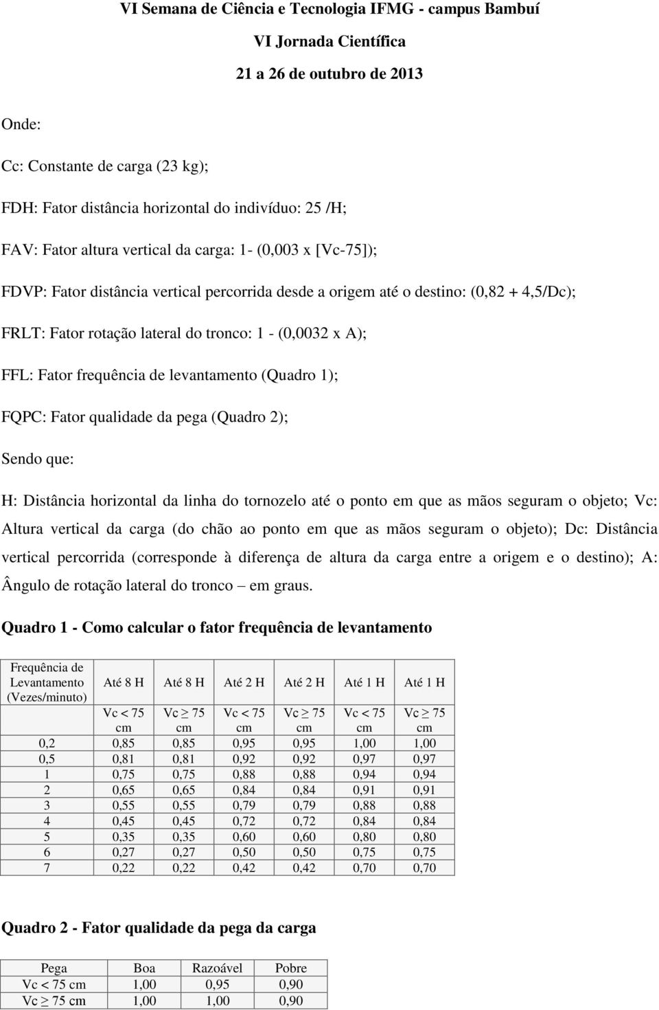 H: Distância horizontal da linha do tornozelo até o ponto em que as mãos seguram o objeto; Vc: Altura vertical da carga (do chão ao ponto em que as mãos seguram o objeto); Dc: Distância vertical