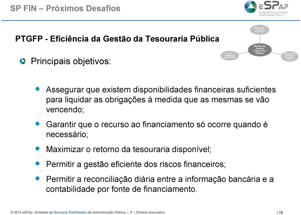 Maximizar o retorno da tesouraria disponível; Permitir a gestão eficiente dos riscos financeiros; Permitir a reconciliação diária entre a informação