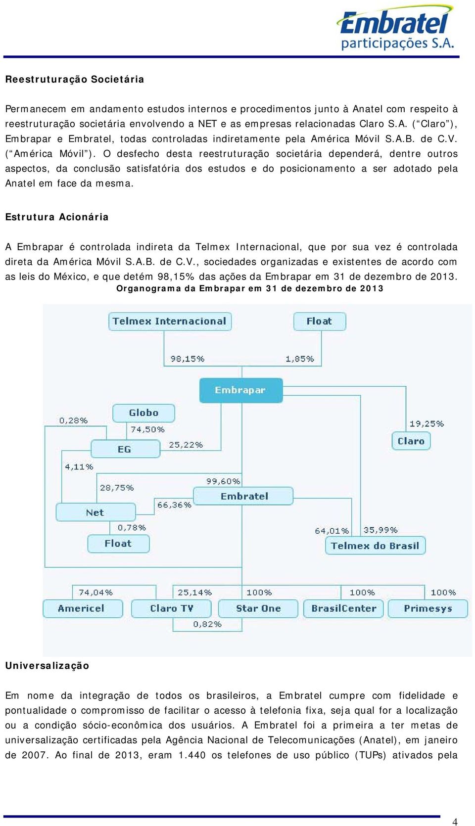 O desfecho desta reestruturação societária dependerá, dentre outros aspectos, da conclusão satisfatória dos estudos e do posicionamento a ser adotado pela Anatel em face da mesma.