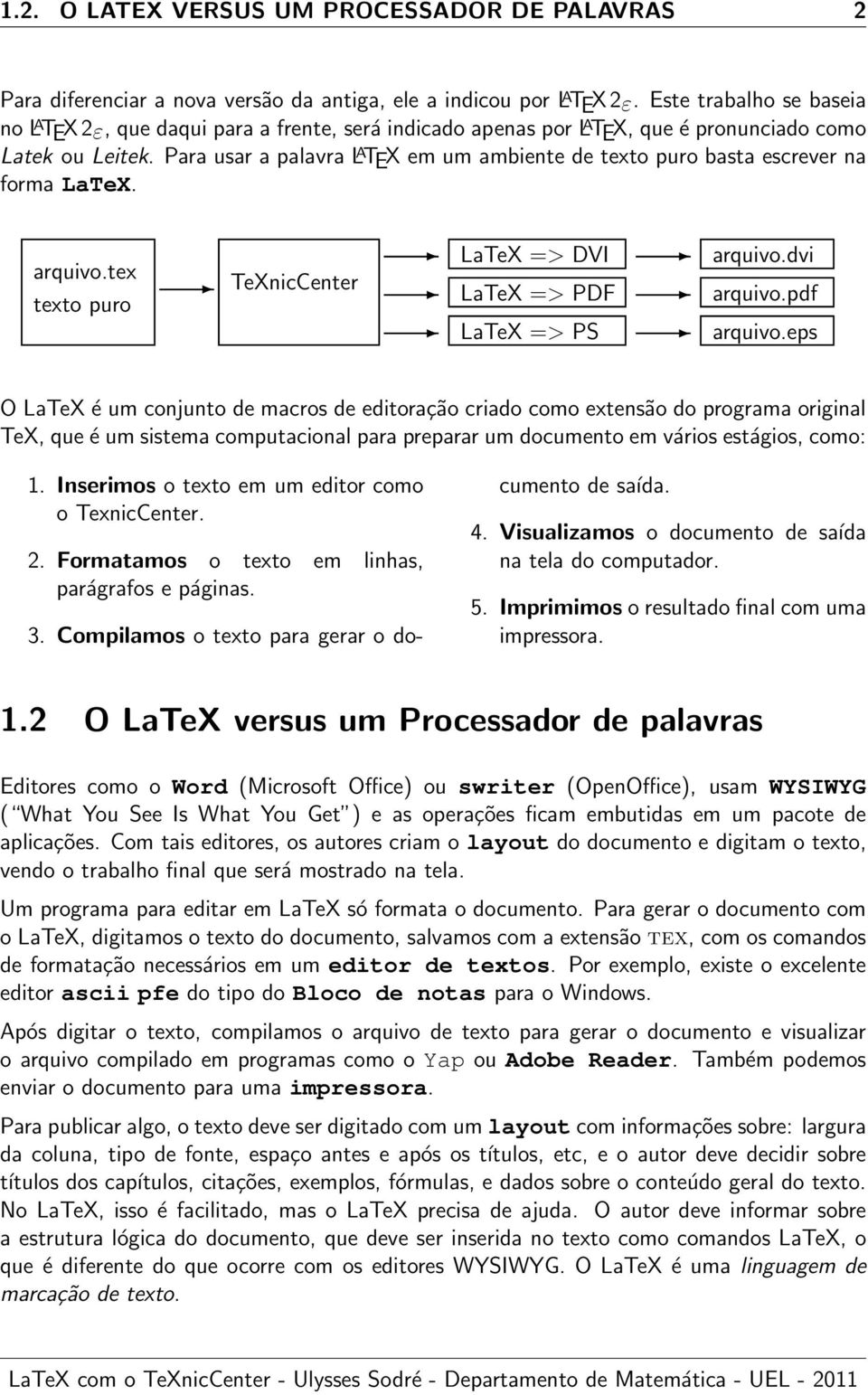 Para usar a palavra L A TEX em um ambiente de texto puro basta escrever na forma LaTeX. arquivo.tex texto puro TeXnicCenter LaTeX => DVI LaTeX => PDF LaTeX => PS arquivo.dvi arquivo.pdf arquivo.