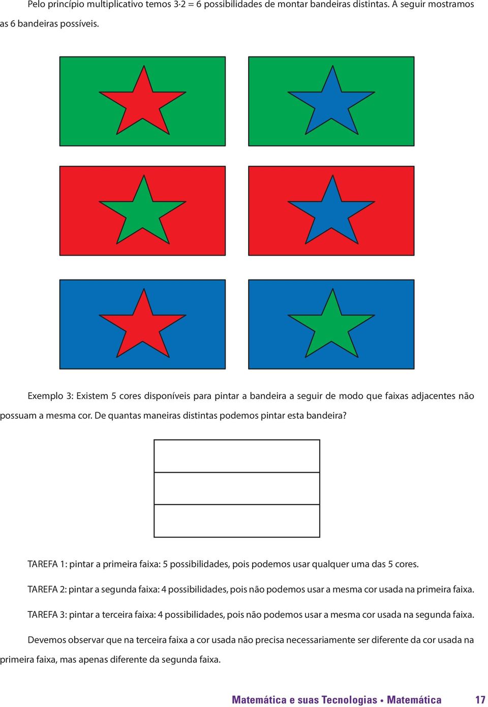 TAREFA 1: pintar a primeira faixa: 5 possibilidades, pois podemos usar qualquer uma das 5 cores.