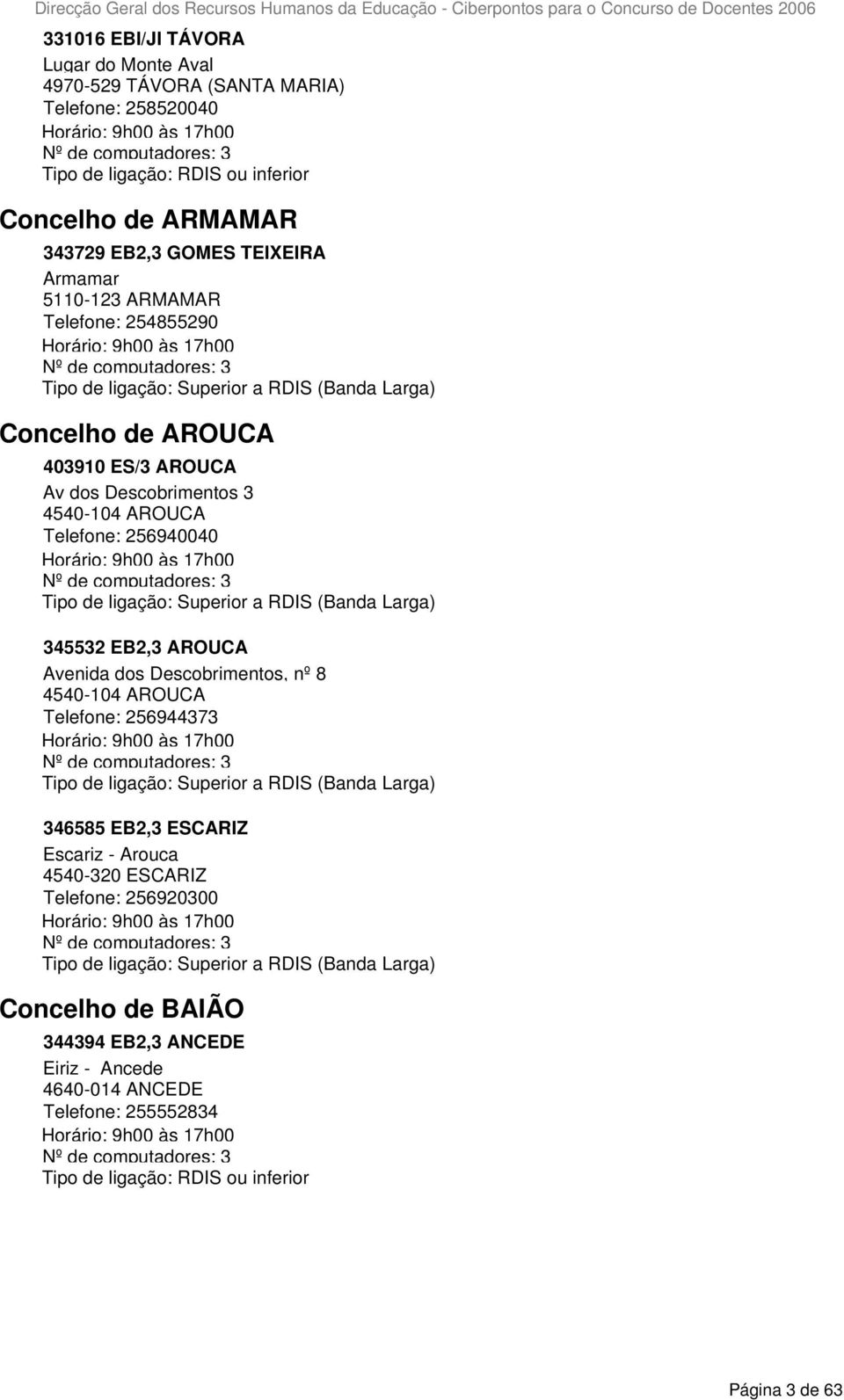 Telefone: 256940040 345532 EB2,3 AROUCA Avenida dos Descobrimentos, nº 8 4540-104 AROUCA Telefone: 256944373 346585 EB2,3 ESCARIZ Escariz