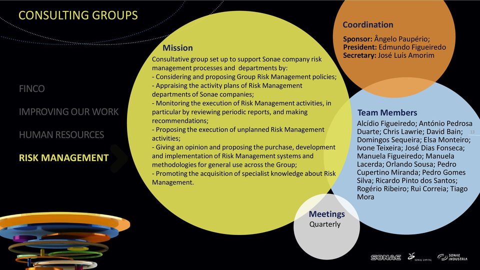 reviewing periodic reports, and making recommendations; - Proposing the execution of unplanned Risk Management activities; - Giving an opinion and proposing the purchase, development and