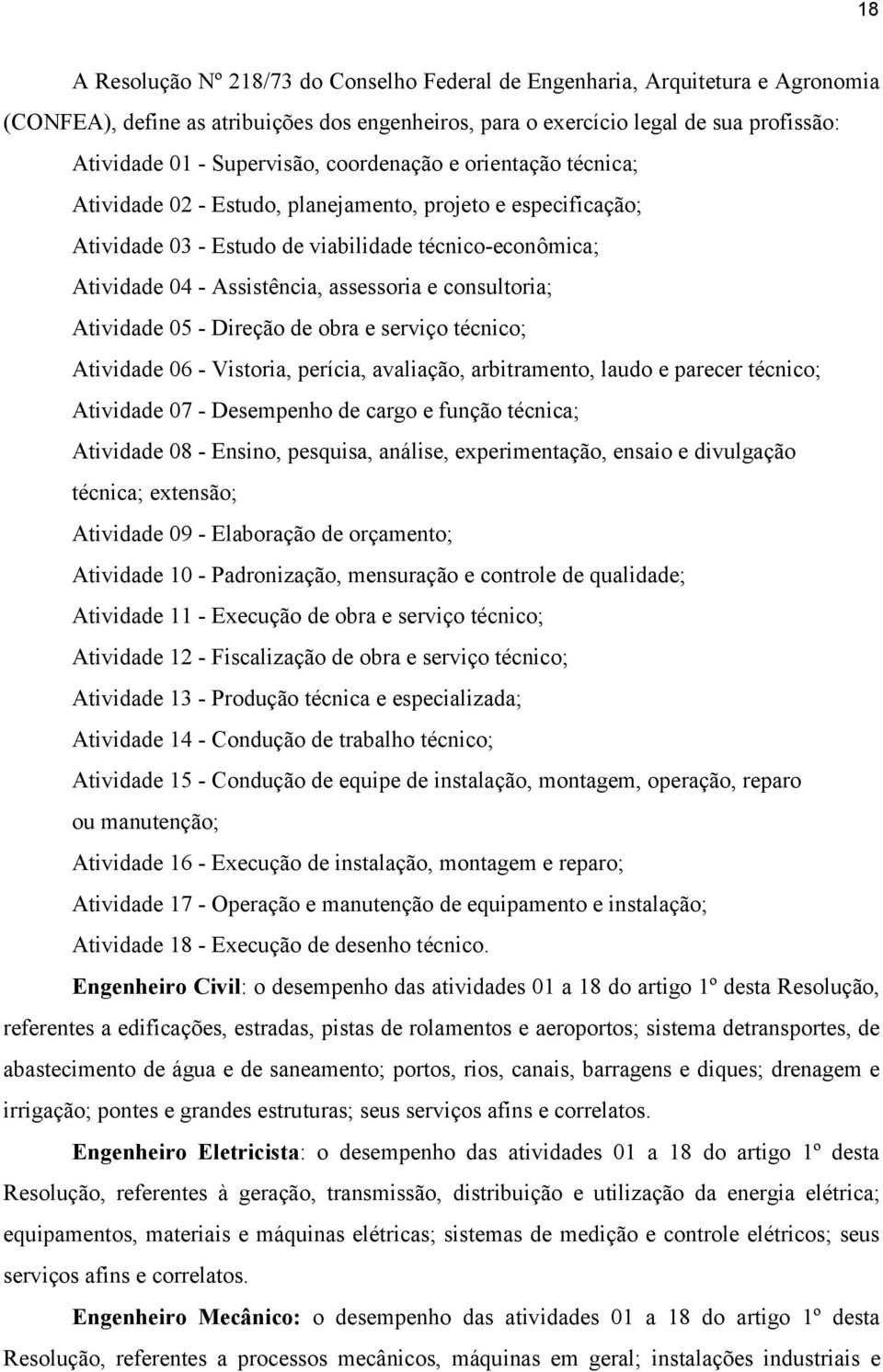 assessoria e consultoria; Atividade 05 - Direção de obra e serviço técnico; Atividade 06 - Vistoria, perícia, avaliação, arbitramento, laudo e parecer técnico; Atividade 07 - Desempenho de cargo e