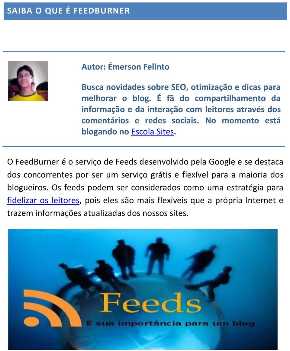 O FeedBurner é o serviço de Feeds desenvolvido pela Google e se destaca dos concorrentes por ser um serviço grátis e flexível para a maioria dos