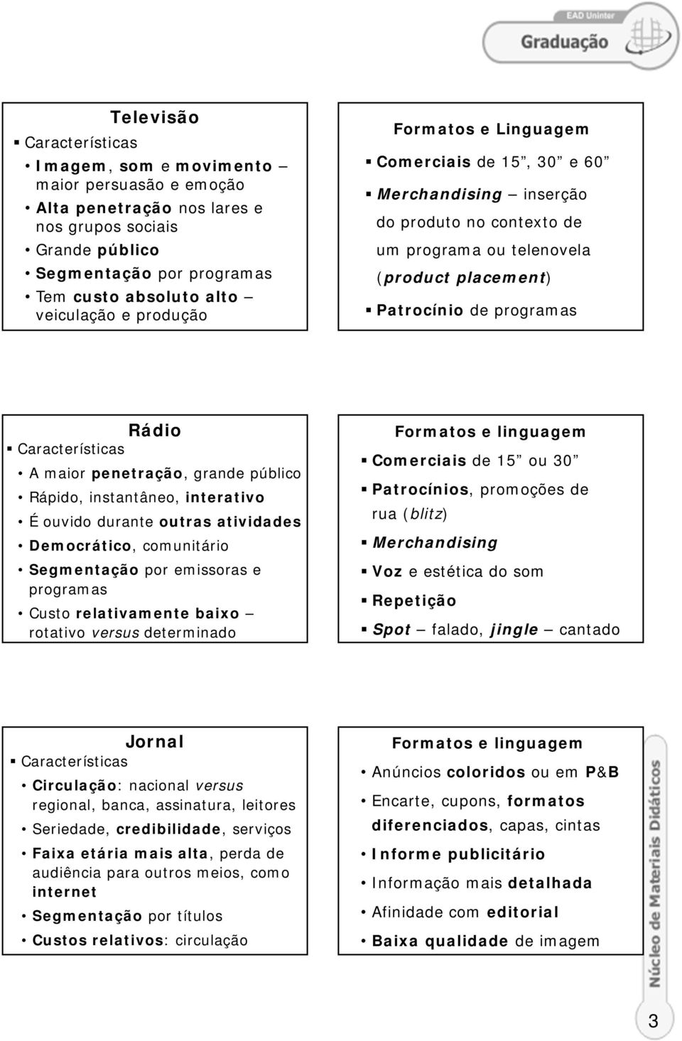 público Rápido, instantâneo, interativo É ouvido durante outras atividades Democrático, comunitário Segmentação por emissoras e programas Custo relativamente baixo rotativo versus determinado