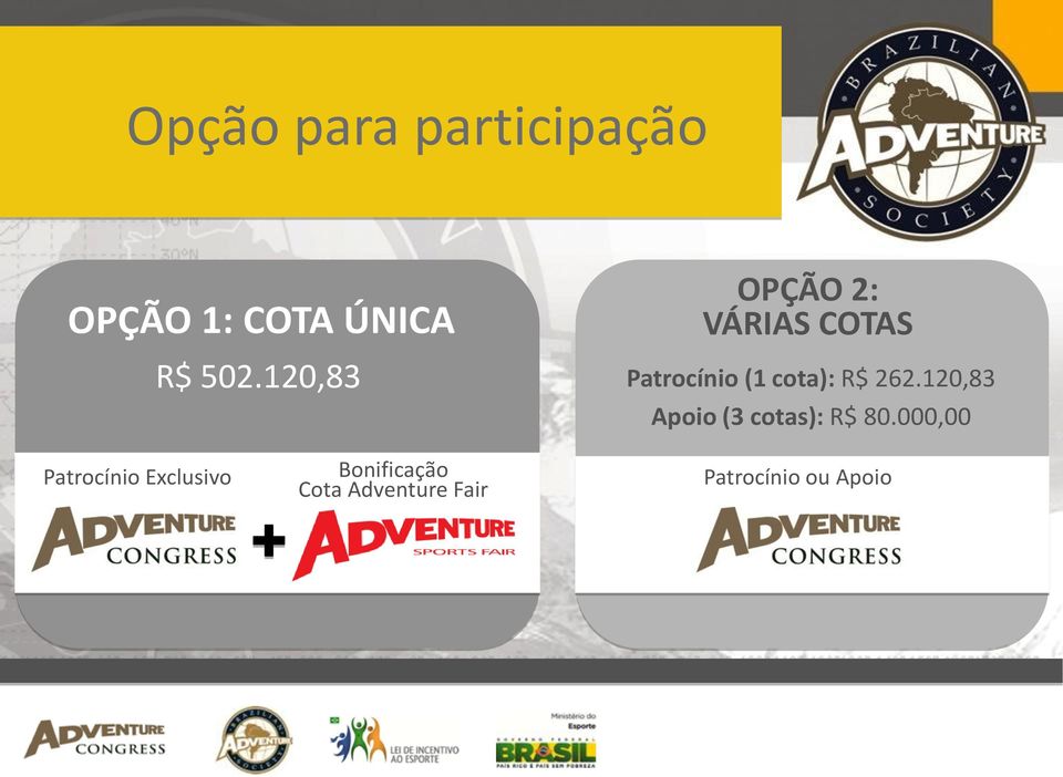 262.120,83 Apoio (3 cotas): R$ 80.