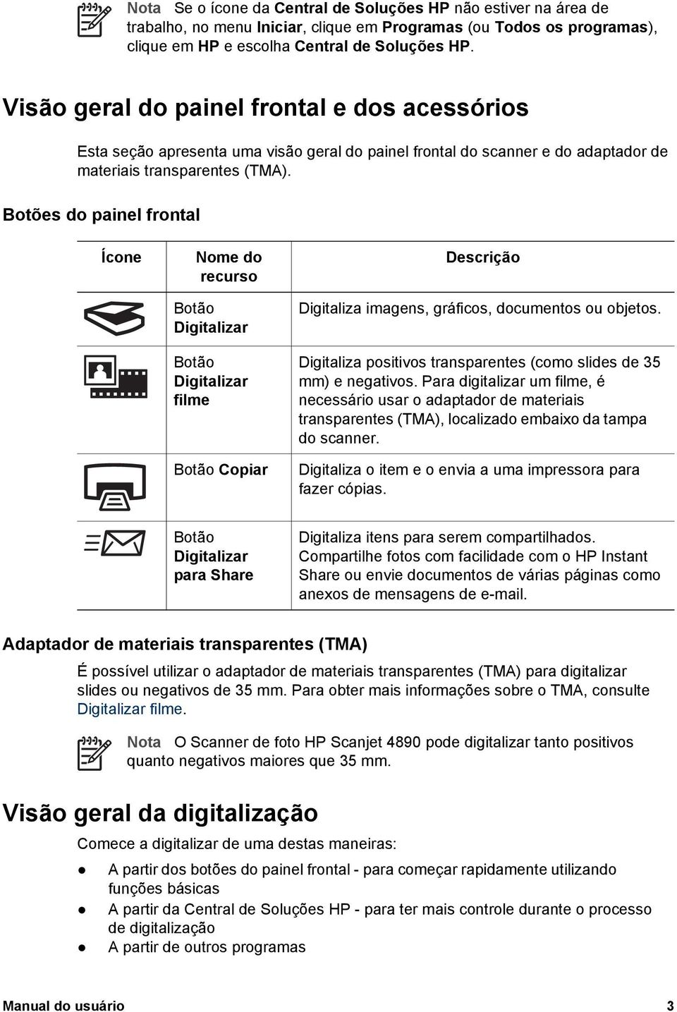 Botões do painel frontal Ícone Nome do recurso Botão Digitalizar Botão Digitalizar filme Botão Copiar Descrição Digitaliza imagens, gráficos, documentos ou objetos.