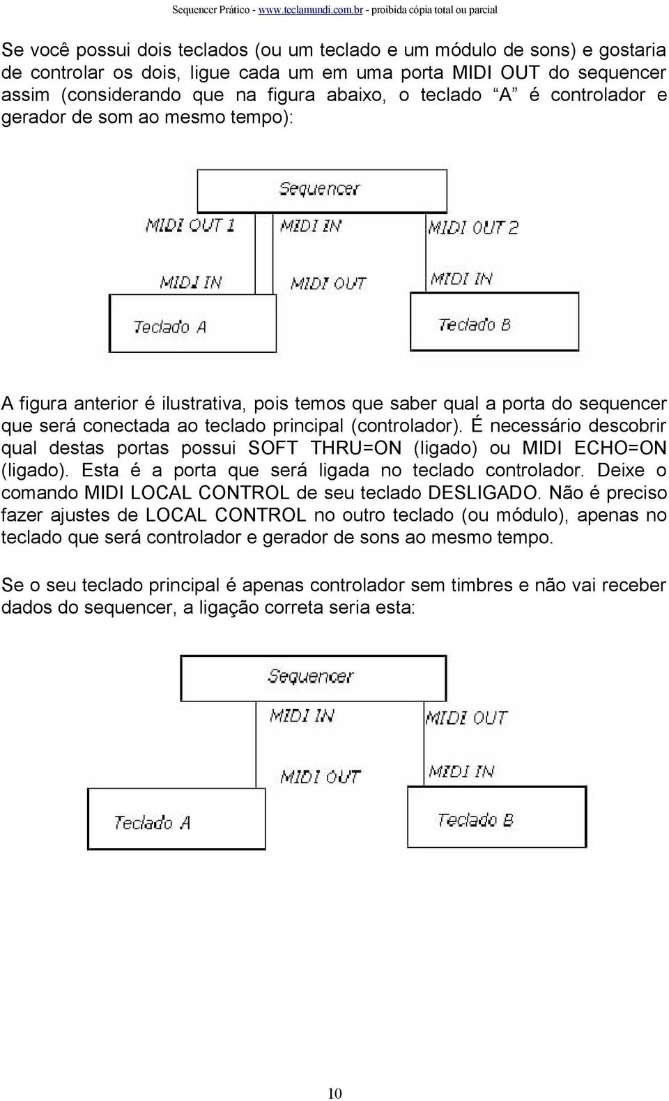 É necessário descobrir qual destas portas possui SOFT THRU=ON (ligado) ou MIDI ECHO=ON (ligado). Esta é a porta que será ligada no teclado controlador.