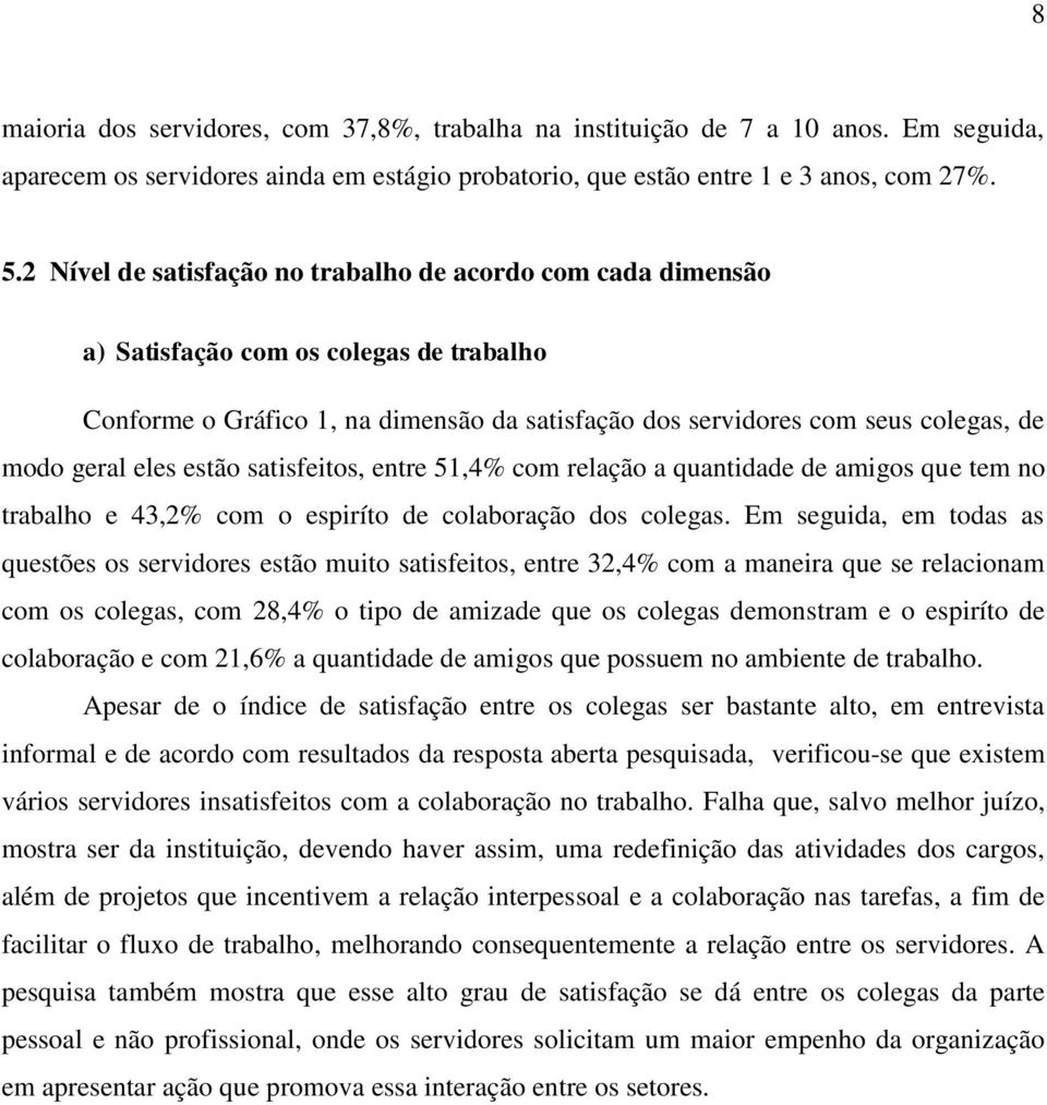 eles estão satisfeitos, entre 51,4% com relação a quantidade de amigos que tem no trabalho e 43,2% com o espiríto de colaboração dos colegas.