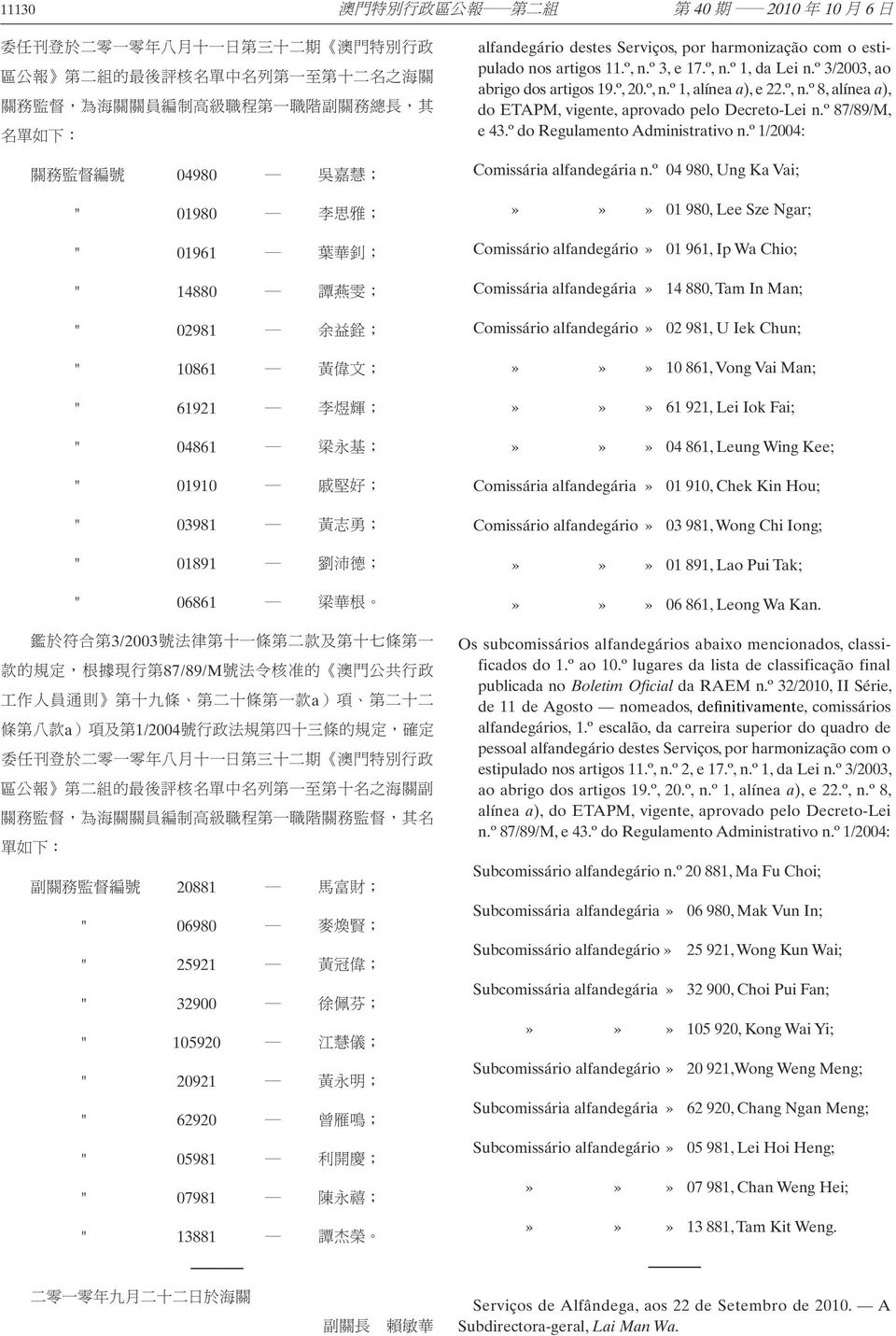 沛 德 ; " 06861 梁 華 根 鑑 於 符 合 第 3/2003 號 法 律 第 十 一 條 第 二 款 及 第 十 七 條 第 一 款 的 規 定, 根 據 現 行 第 87/89/M 號 法 令 核 准 的 澳 門 公 共 行 政 工 作 人 員 通 則 第 十 九 條 第 二 十 條 第 一 款 a) 項 第 二 十 二 條 第 八 款 a) 項 及 第 1/2004 號 行 政