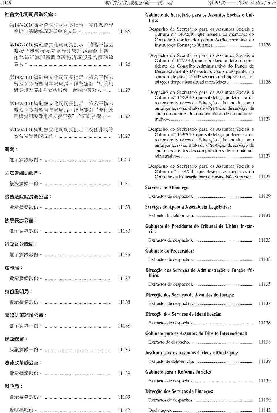 º 146/2010, que nomeia os membros do Conselho Coordenador para a Acção Formativa do Instituto de Formação Turística.... 11126 Despacho do Secretário para os Assuntos Sociais e Cultura n.