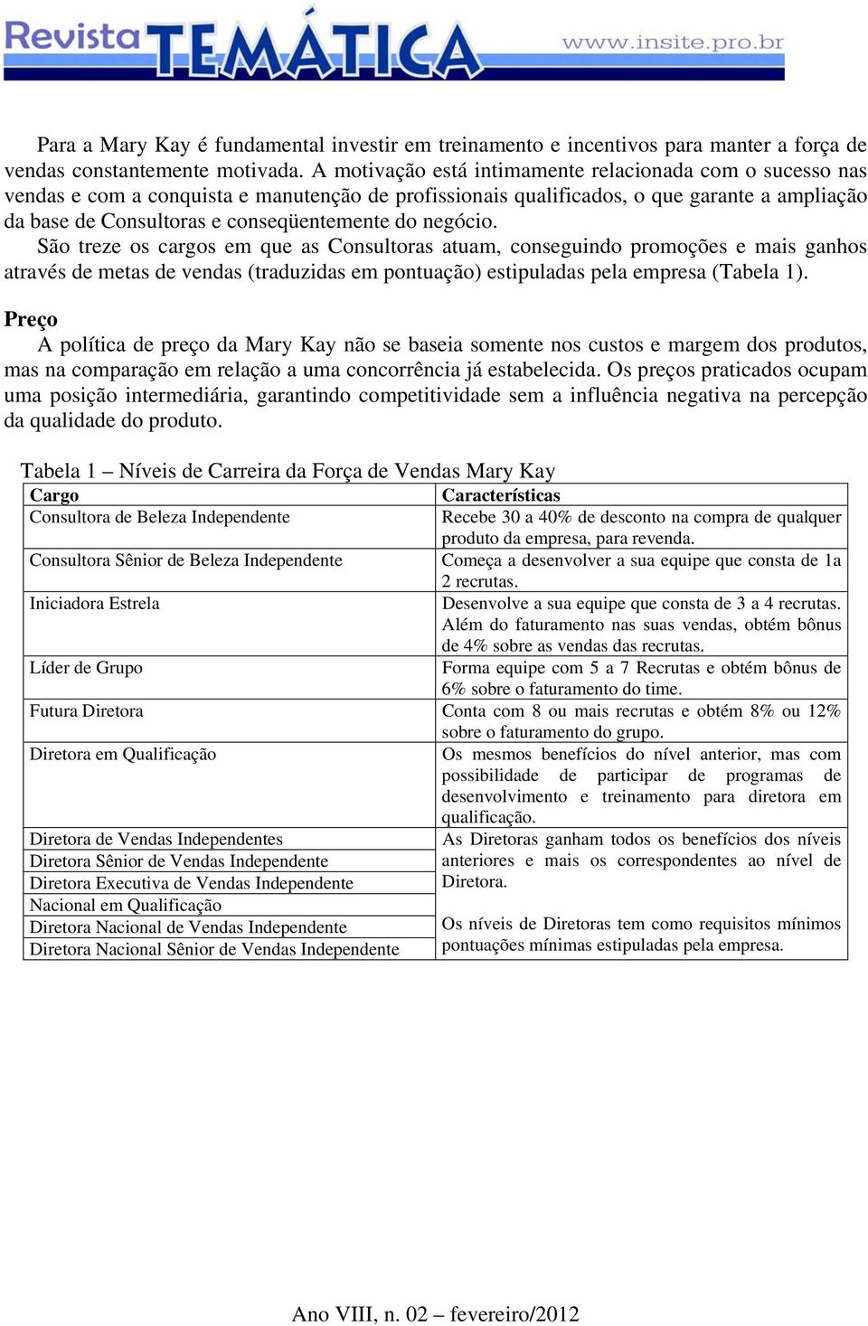 negócio. São treze os cargos em que as Consultoras atuam, conseguindo promoções e mais ganhos através de metas de vendas (traduzidas em pontuação) estipuladas pela empresa (Tabela 1).