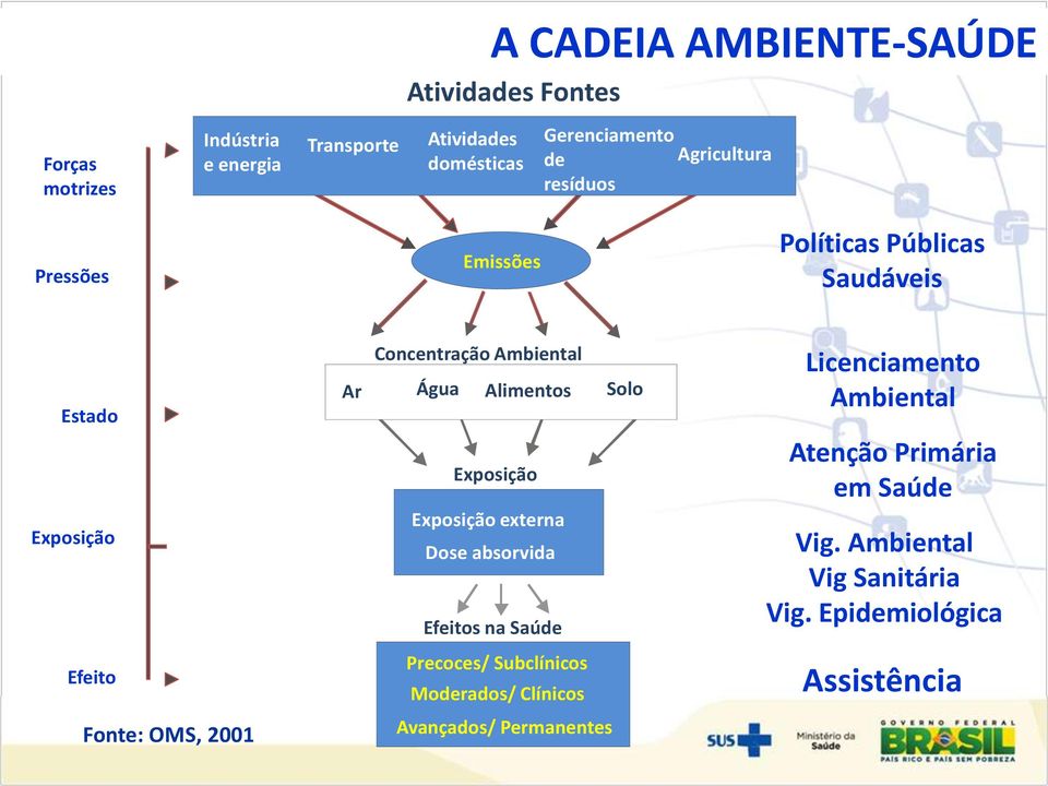 Ambiental Ar Água Alimentos Solo Exposição Exposição externa Dose absorvida Efeitos na Saúde Precoces/ Subclínicos Moderados/