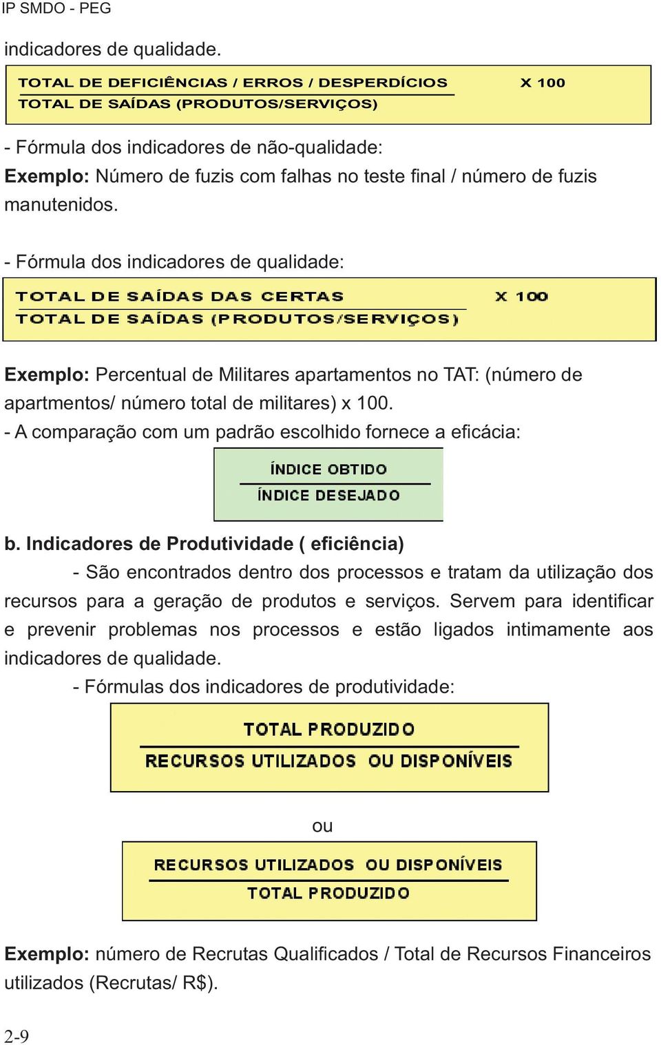 manutenidos. - Fórmula dos indicadores de qualidade: Exemplo: Percentual de Militares apartamentos no TAT: (número de apartmentos/ número total de militares) x 100.