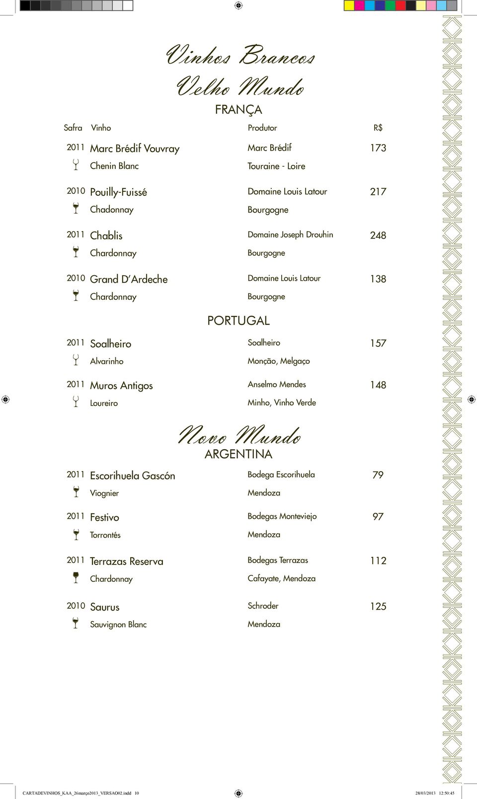 Anselmo Mendes 148 Loureiro Minho, Vinho Verde Escorihuela Gascón Novo Mundo ARGENTINA Bodega Escorihuela 79 Viognier Mendoza Festivo Bodegas Monteviejo 97 Torrontés Mendoza