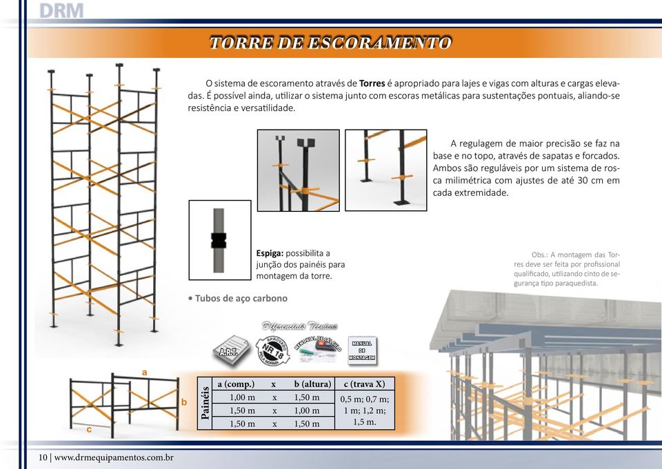 A regulagem de maior precisão se faz na base e no topo, através de sapatas e forcados. Ambos são reguláveis por um sistema de rosca milimétrica com ajustes de até 30 cm em cada extremidade.