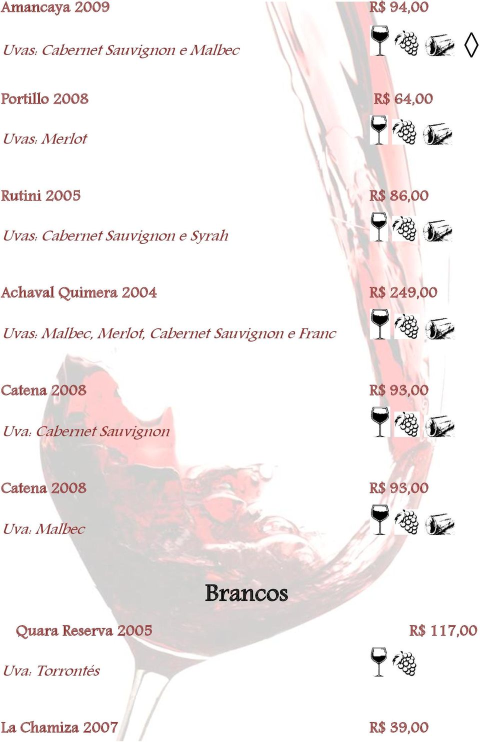249,00 Uvas: Malbec, Merlot, Cabernet Sauvignon e Franc Catena 2008 R$ 93,00 Catena 2008