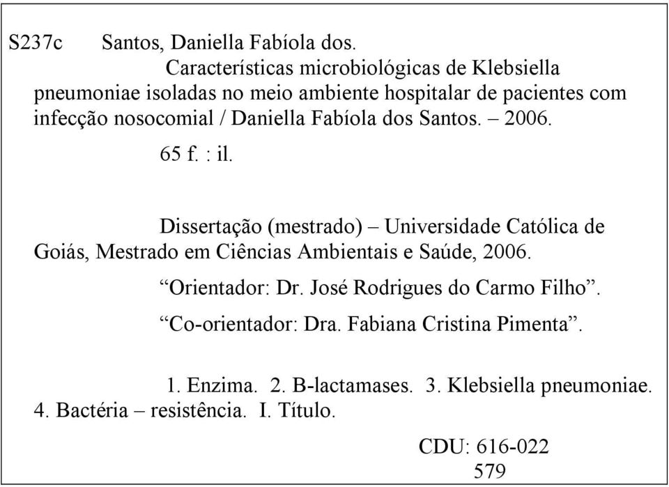 nosocomial / Daniella Fabíola dos Santos. 2006. 65 f. : il.