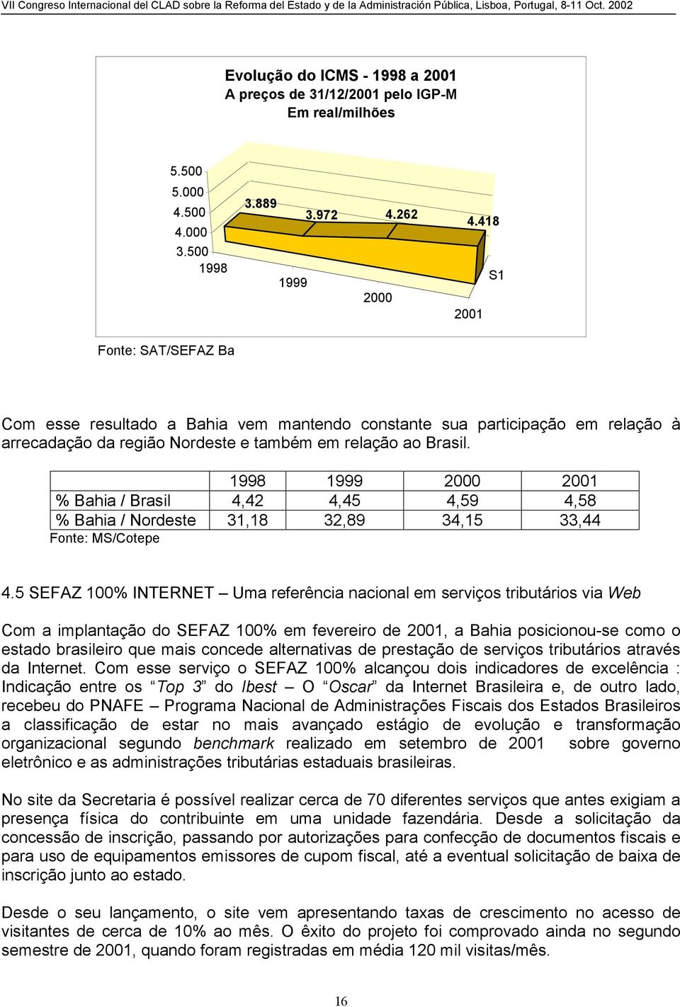 1998 1999 2000 2001 % Bahia / Brasil 4,42 4,45 4,59 4,58 % Bahia / Nordeste 31,18 32,89 34,15 33,44 Fonte: MS/Cotepe 4.