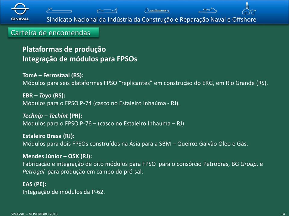 Technip Techint (PR): Módulos para o FPSO P-76 (casco no Estaleiro Inhaúma RJ) Estaleiro Brasa (RJ): Módulos para dois FPSOs construídos na Ásia para a SBM Queiroz