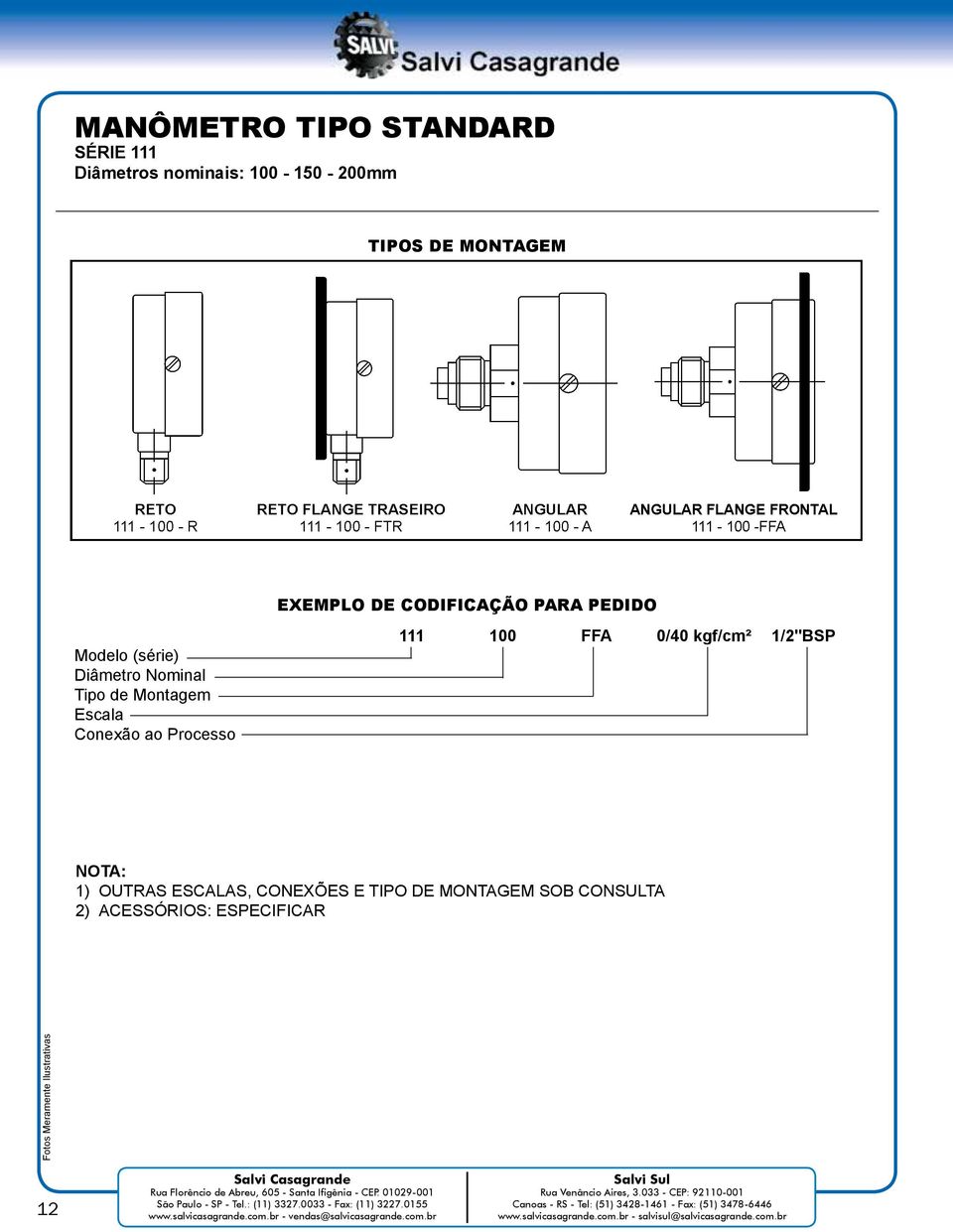 Escala Conexão ao Processo 111 100 FFA 0/40 kgf/cm² 1/2"BSP NOTA: 1) OUTRAS S, CONEXÕES