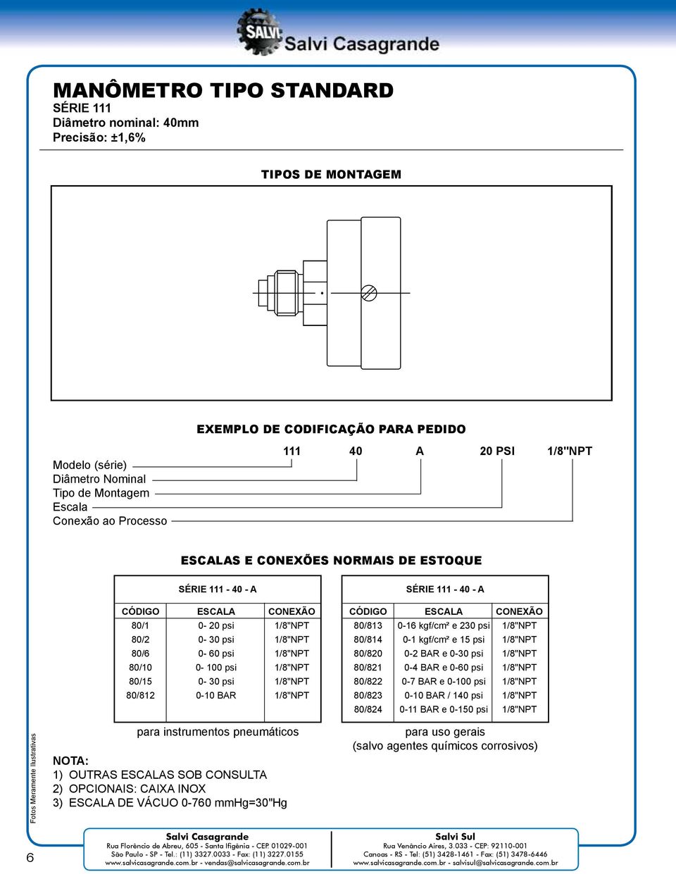 1/8"NPT 80/812 0-10 BAR 1/8"NPT SÉRIE 111-40 - A CONEXÃO 80/813 0-16 kgf/cm² e 230 psi 1/8"NPT 80/814 0-1 kgf/cm² e 15 psi 1/8"NPT 80/820 0-2 BAR e 0-30 psi 1/8"NPT 80/821 0-4 BAR e 0-60 psi 1/8"NPT