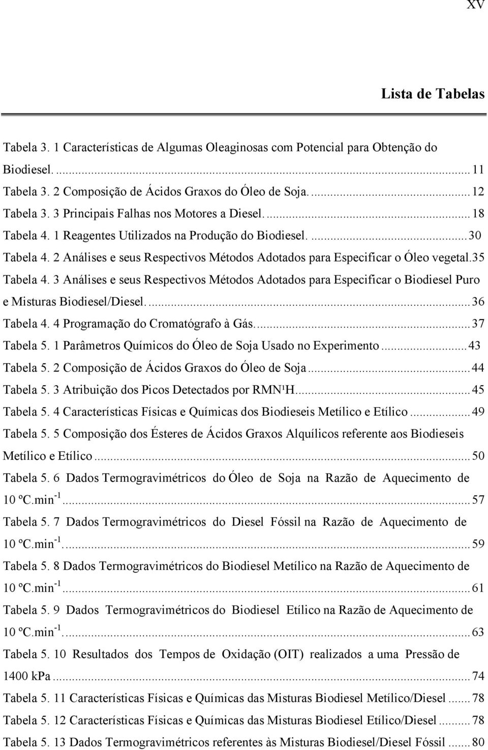 2 Análises e seus Respectivos Métodos Adotados para Especificar o Óleo vegetal.35 Tabela 4.