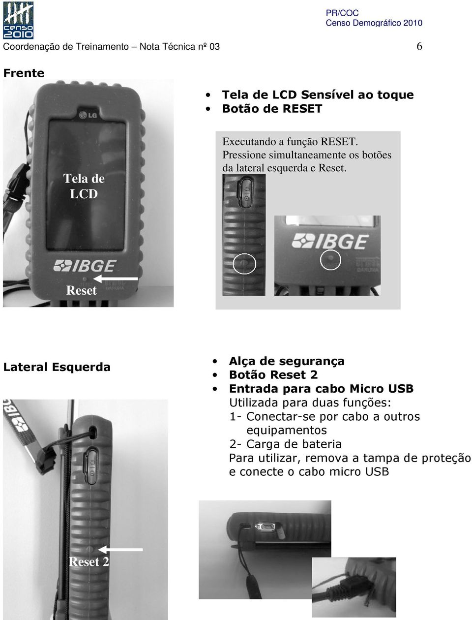 Reset Lateral Esquerda Alça de segurança Botão Reset 2 Entrada para cabo Micro USB Utilizada para duas funções: 1-