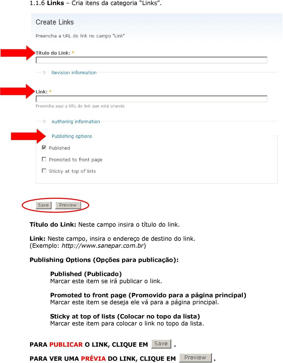 br) Publishing Options (Opções para publicação): Published (Publicado) Marcar este item se irá publicar o link.