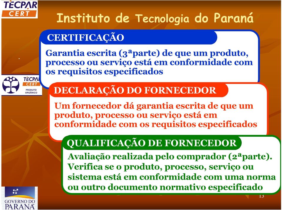 um produto, processo ou serviço está em conformidade com os requisitos especificados QUALIFICAÇÃO DE FORNECEDOR Avaliação realizada pelo