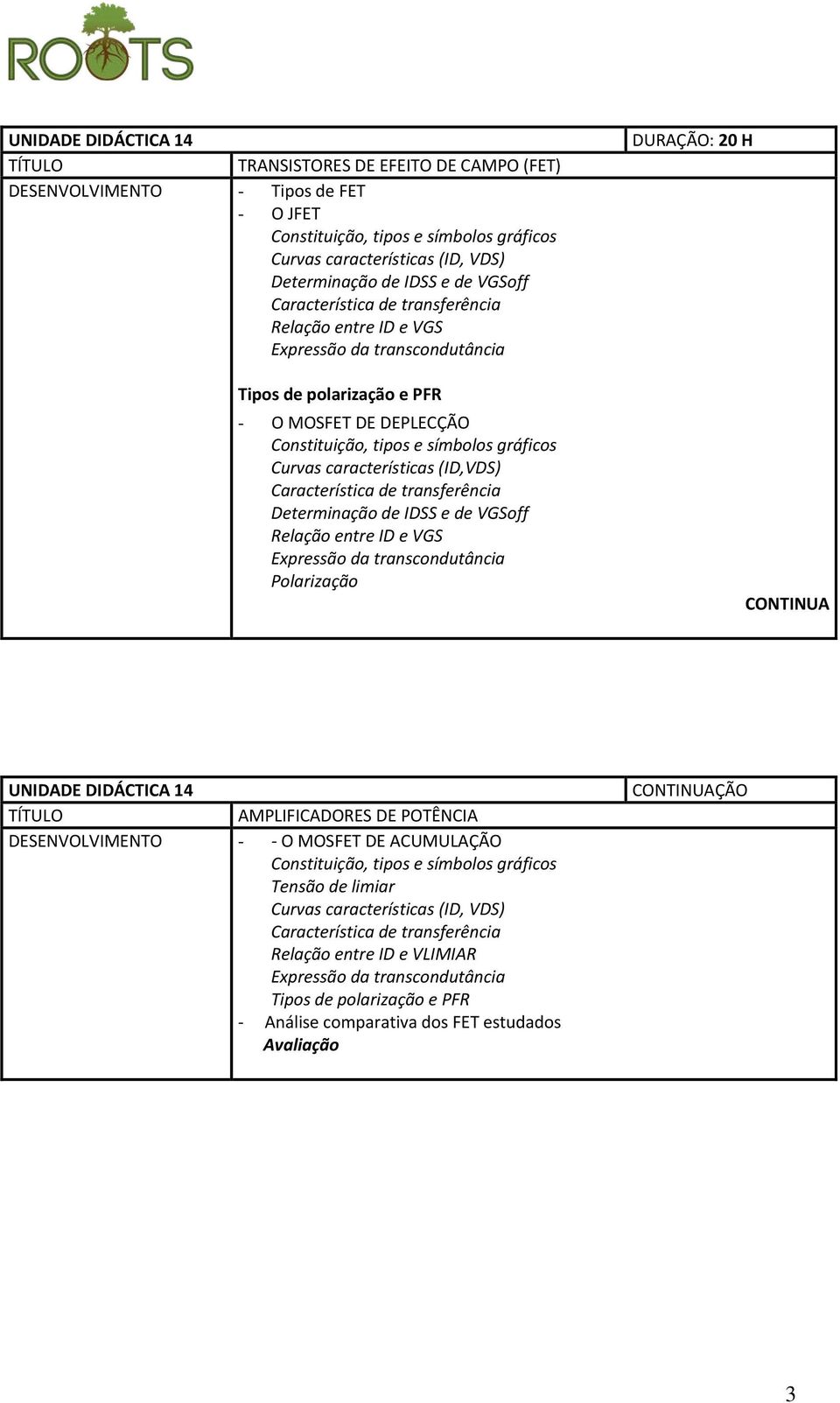 características (ID,VDS) Característica de transferência Determinação de IDSS e de VGSoff Relação entre ID e VGS Expressão da transcondutância Polarização DURAÇÃO: 20 H CONTINUA UNIDADE DIDÁCTICA 14