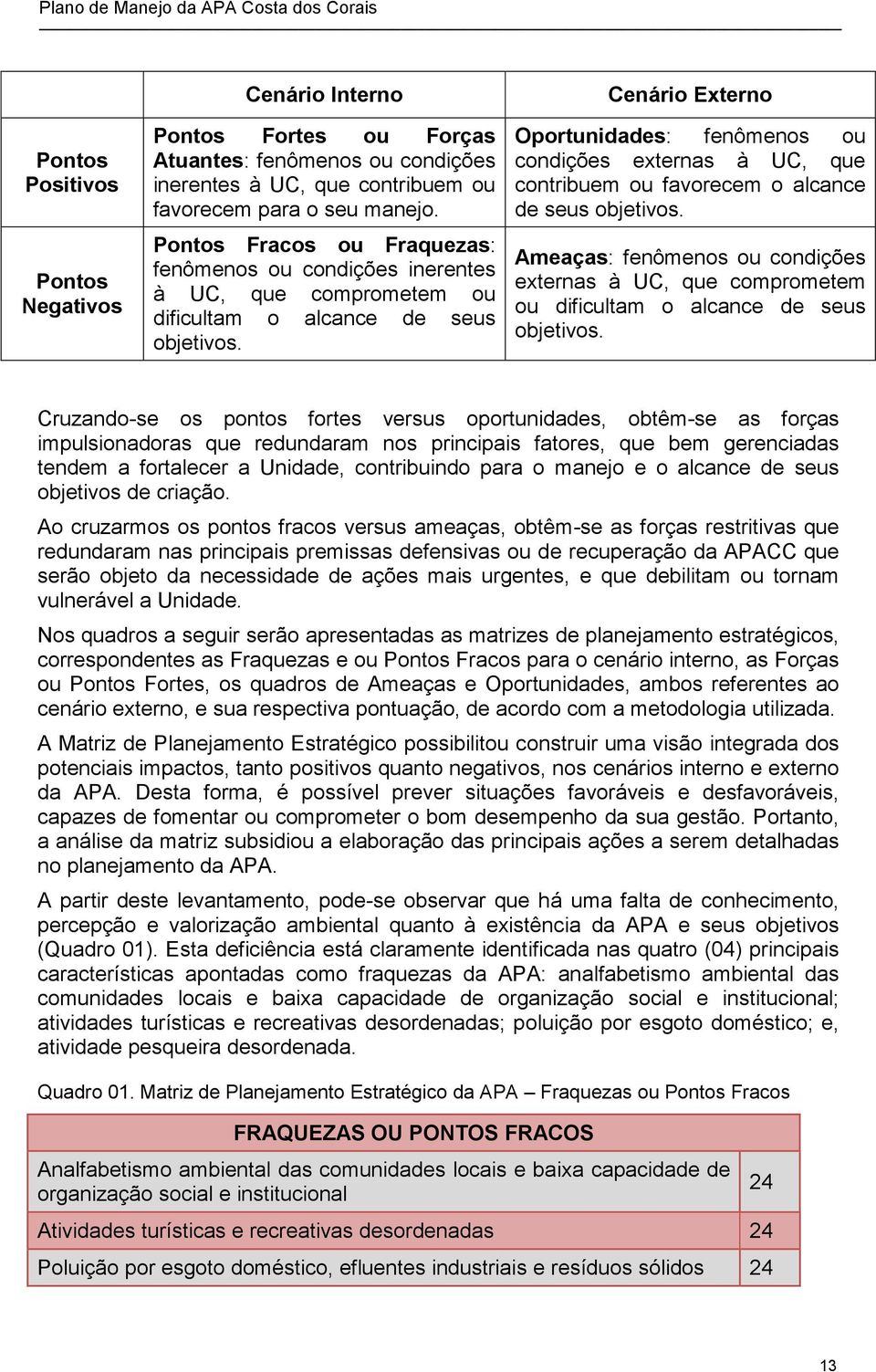 Oportunidades: fenômenos ou condições externas à UC, que contribuem ou favorecem o alcance de seus objetivos.