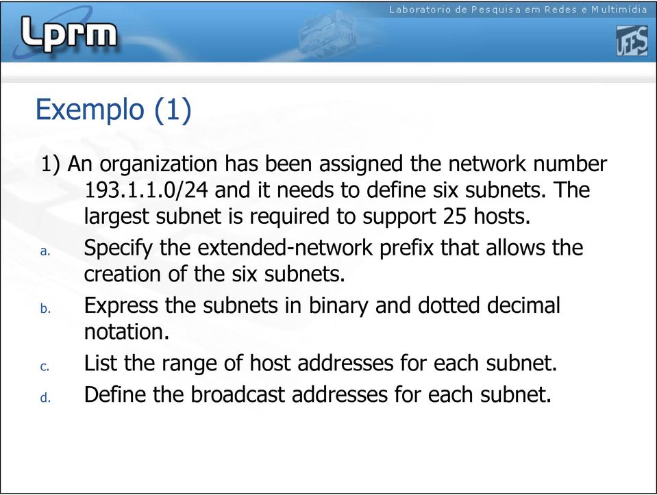 Specify the extended-network prefix that allows the creation of the six subnets. b.