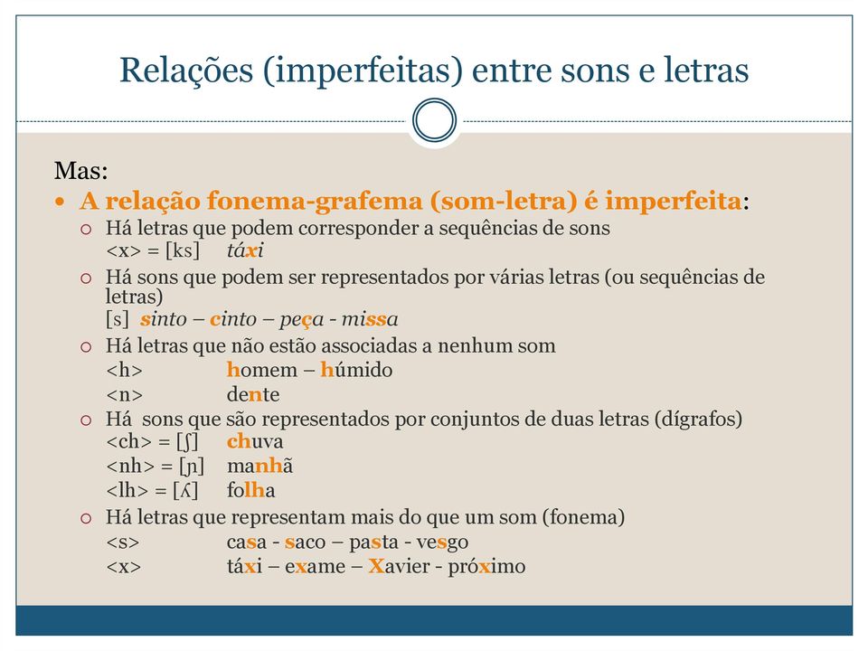 estão associadas a nenhum som <h> homem húmido <n> dente Há sons que são representados por conjuntos de duas letras (dígrafos) <ch> = [S] chuva