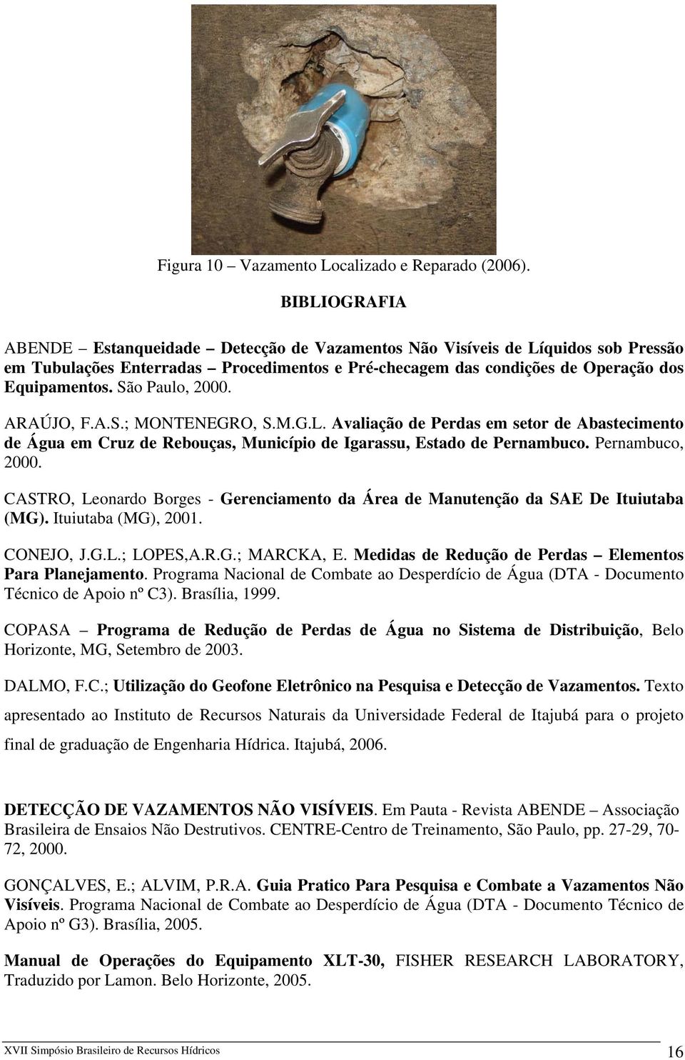 São Paulo, 2000. ARAÚJO, F.A.S.; MONTENEGRO, S.M.G.L. Avaliação de Perdas em setor de Abastecimento de Água em Cruz de Rebouças, Município de Igarassu, Estado de Pernambuco. Pernambuco, 2000.