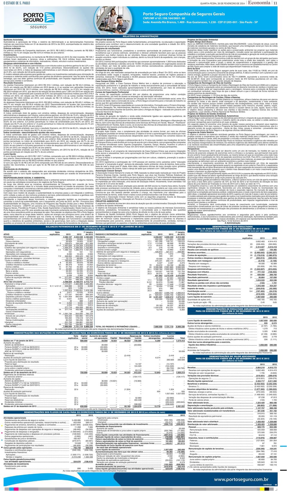 Prêmios auferidos Os prêmios emitidos da Companhia totalizaram, em 2013, R$ 5.852,5 milhões, aumento de R$ 938,1 milhões ou 19,1% em relação aos R$ 4.914,4 milhões do ano anterior.