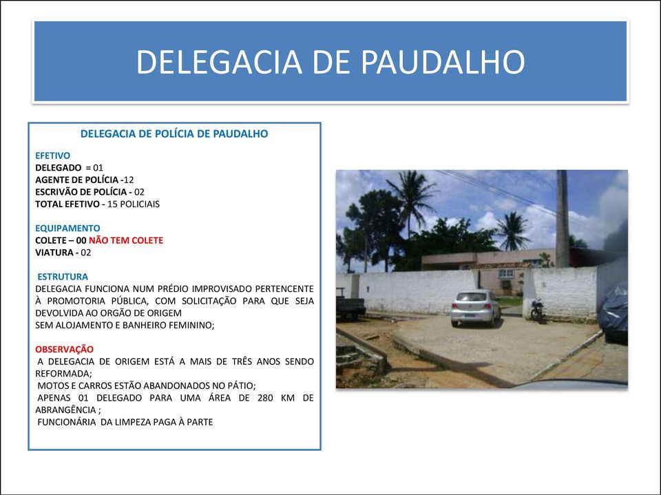 SOLICITAÇÃO PARA QUE SEJA DEVOLVIDA AO ORGÃO DE ORIGEM SEM ALOJAMENTO E BANHEIRO FEMININO; OBSERVAÇÃO A DELEGACIA DE ORIGEM ESTÁ A MAIS DE TRÊS ANOS