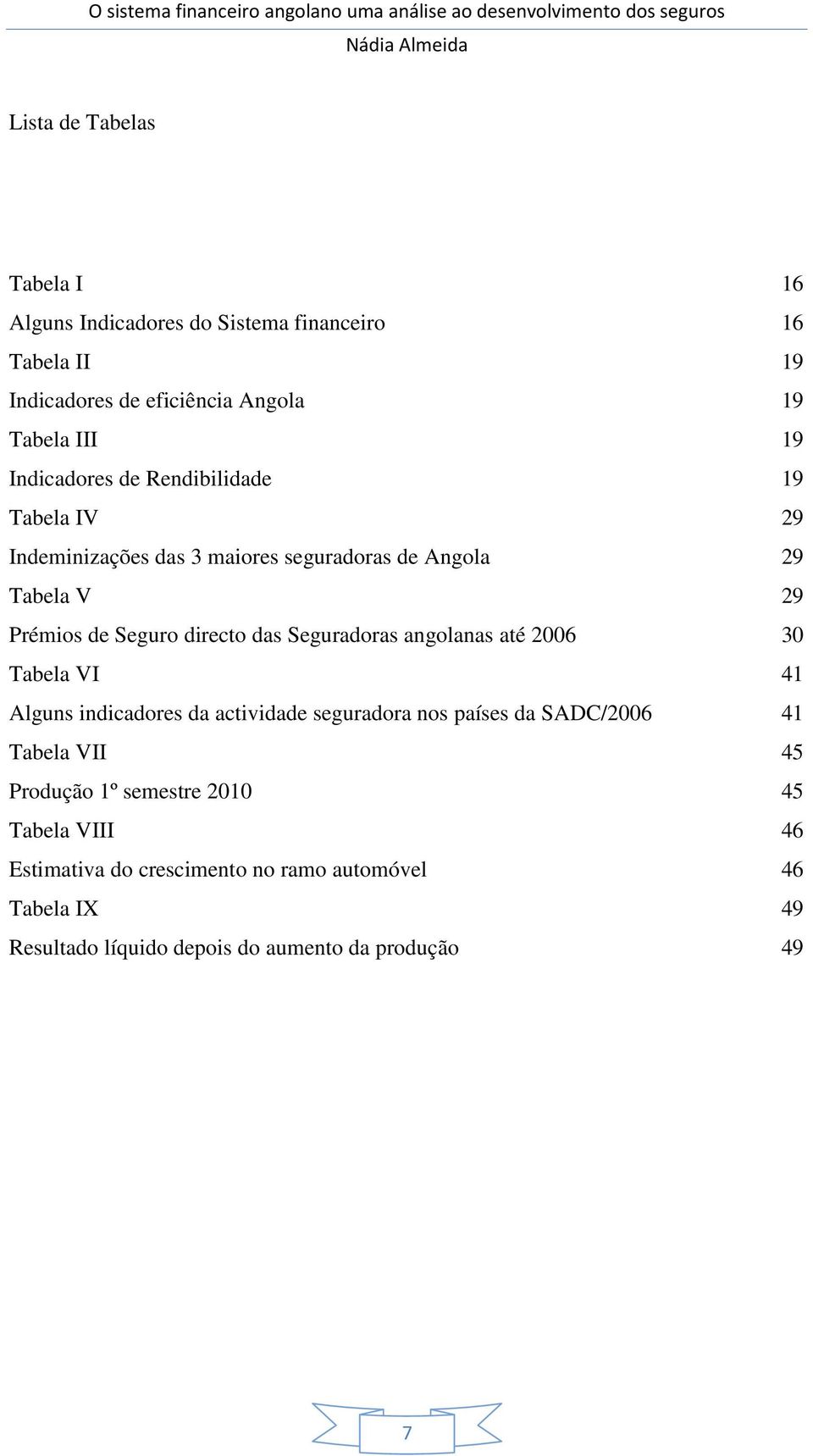 Seguradoras angolanas até 2006 30 Tabela VI 41 Alguns indicadores da actividade seguradora nos países da SADC/2006 41 Tabela VII 45 Produção