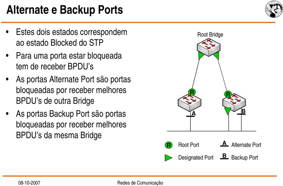melhores BPDU s de outra Bridge As portas Backup Port são portas bloqueadas por receber melhores