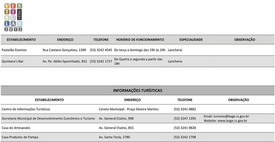 Informações Turísticas Coreto Municipal - Praça Silveira Martins (53) 3241 0882 Secretaria Municipal de Desenvolvimento Econômico e Turismo Av.