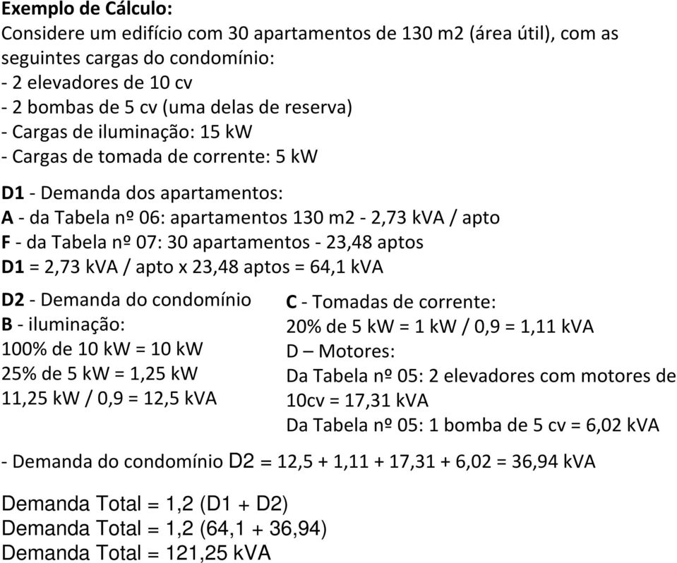 / apto x 23,48 aptos = 64,1 kva D2- Demanda do condomínio B-iluminação: 100% de 10 kw = 10 kw 25% de 5 kw = 1,25 kw 11,25 kw / 0,9 = 12,5 kva C-Tomadas de corrente: 20% de 5 kw = 1 kw / 0,9 = 1,11