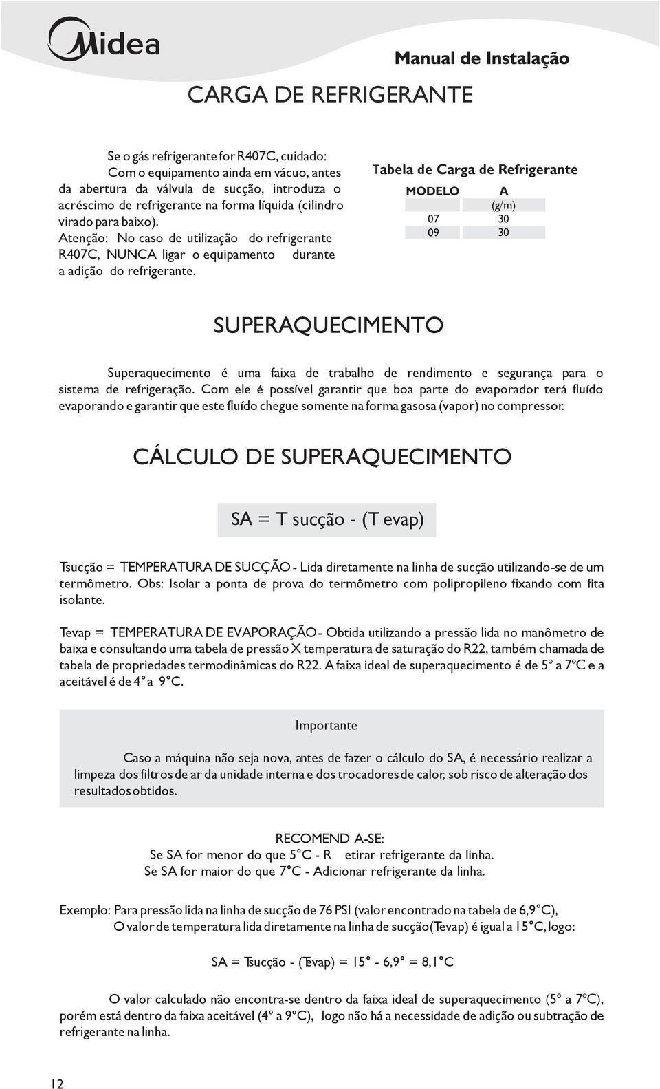 Tabela de Carga de Refrigerante MODELO 07 09 A (g/m) 30 30 SUPERAQUECIMENTO Superaquecimento é uma faixa de trabalho de rendimento e segurança para o sistema de refrigeração.